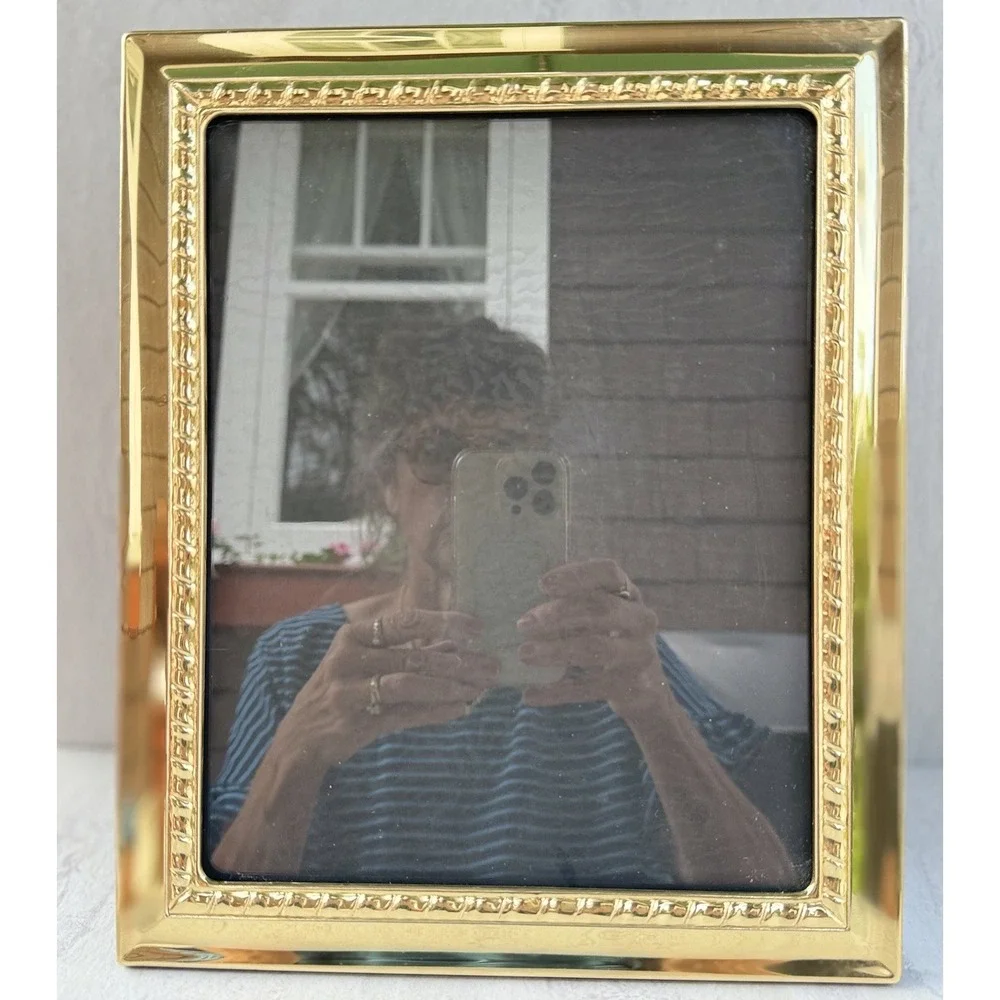 Vtg Solid Brass Picture Frame Geometric Border Easel Back 8x10 Photo #6627